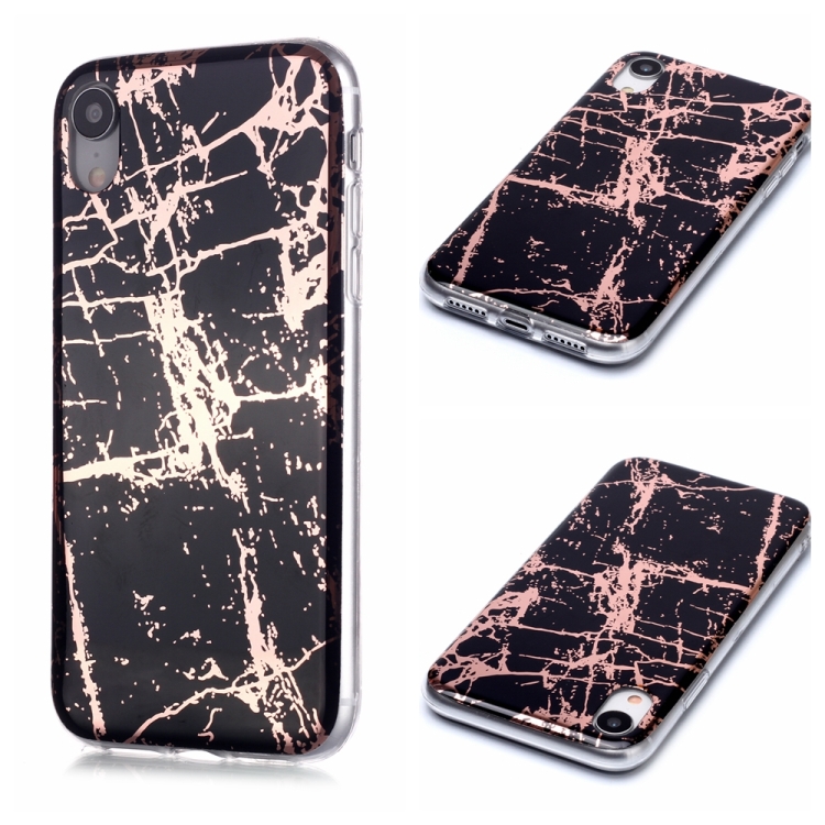 

For iPhone XR Plating Marble Pattern Soft TPU Protective Case(Black Gold)