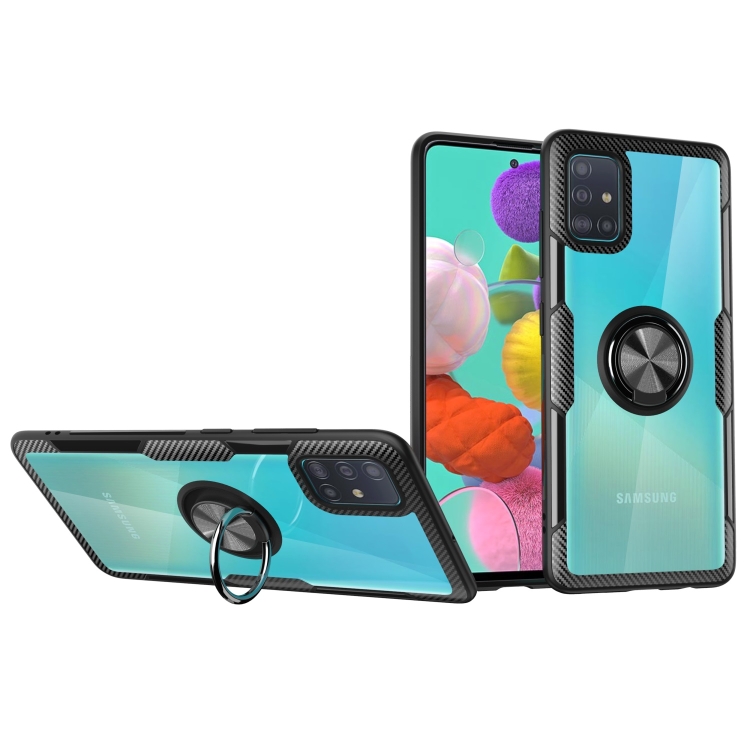 

For Galaxy A51 Shockproof Transparent TPU + Acrylic Protective Case with Ring Holder(Black)