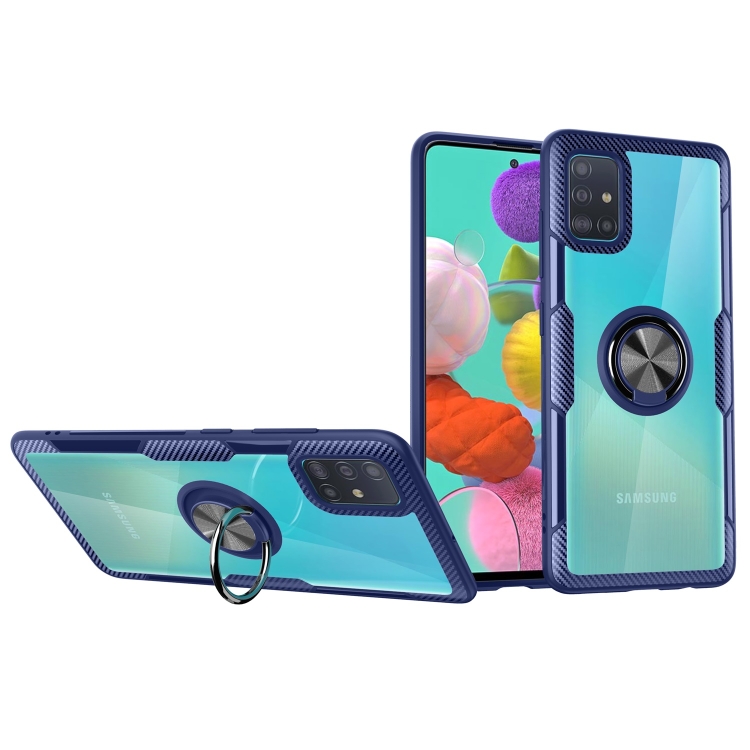 

For Galaxy A51 Shockproof Transparent TPU + Acrylic Protective Case with Ring Holder(Blue)