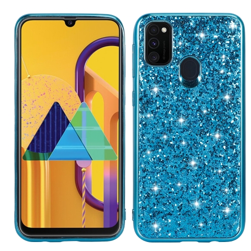 

For Galaxy M30s Plating Glittery Powder Shockproof TPU Protective Case(Blue)