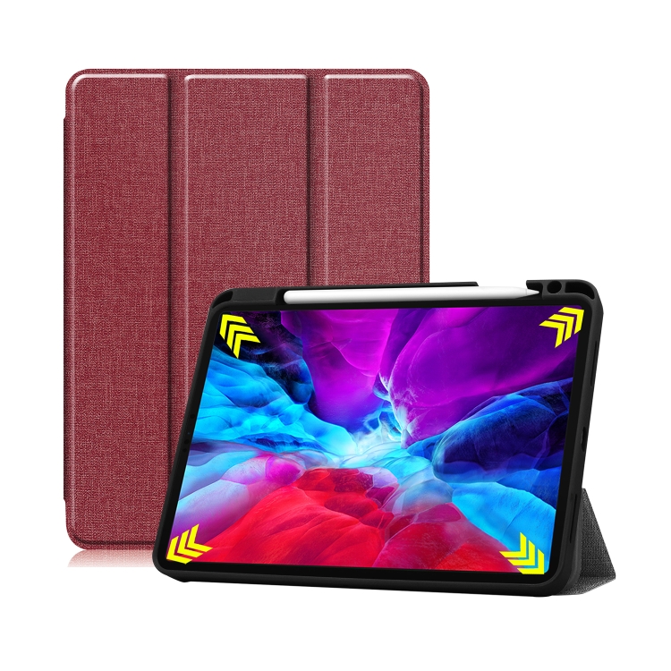 

For iPad Pro 12.9 inch 2020 Fabric Denim TPU Smart Tablet Leather Case with Sleep Function & Tri-Fold Bracket & Pen Slot(Red Wine)