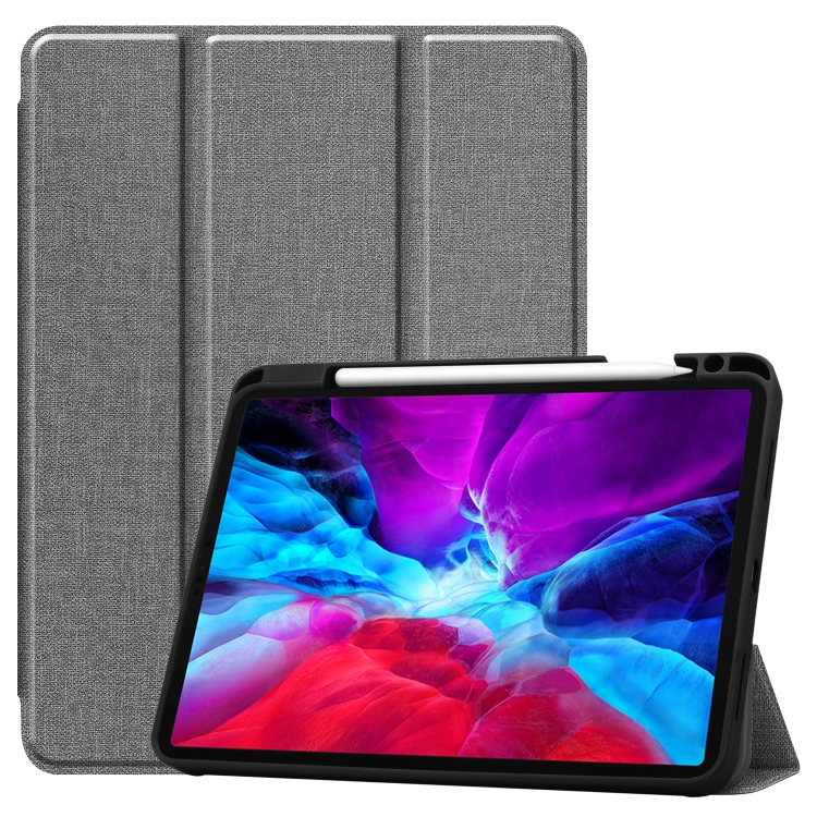 

For iPad Pro 12.9 inch 2020 Fabric Denim TPU Smart Tablet Leather Case with Sleep Function & Tri-Fold Bracket & Pen Slot(Gray)