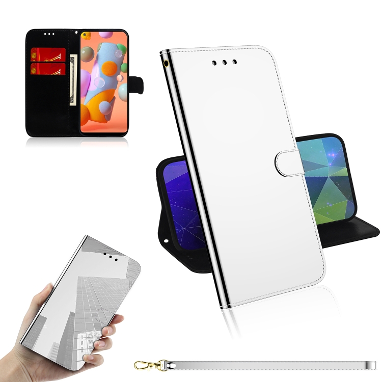 

For Galaxy A11 Lmitated Mirror Surface Horizontal Flip Leather Case with Holder & Card Slots & Wallet & Lanyard(Silver)