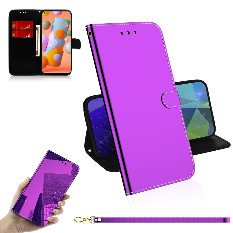 

For Galaxy A11 Lmitated Mirror Surface Horizontal Flip Leather Case with Holder & Card Slots & Wallet & Lanyard(Purple)