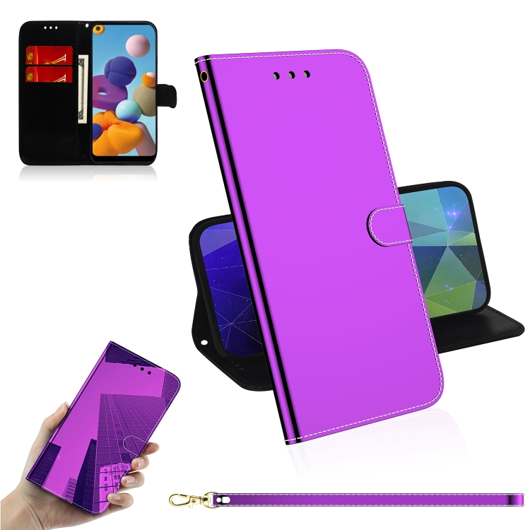 

For Galaxy A21 Lmitated Mirror Surface Horizontal Flip Leather Case with Holder & Card Slots & Wallet & Lanyard(Purple)