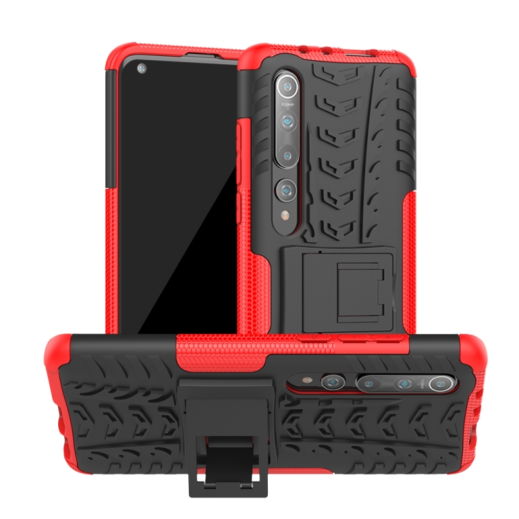 

For Xiaomi Mi 10 Tire Texture Shockproof TPU+PC Protective Case with Holder(Red)