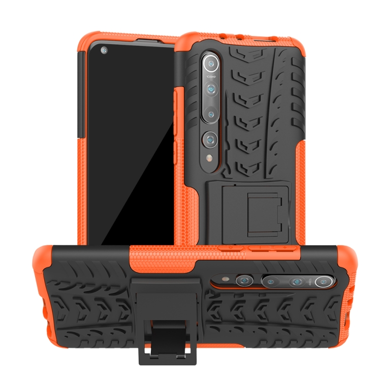 

For Xiaomi Mi 10 Tire Texture Shockproof TPU+PC Protective Case with Holder(Orange)