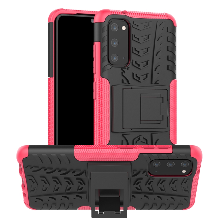 

For Galaxy S20 Tire Texture Shockproof TPU+PC Protective Case with Holder(Rose Red)