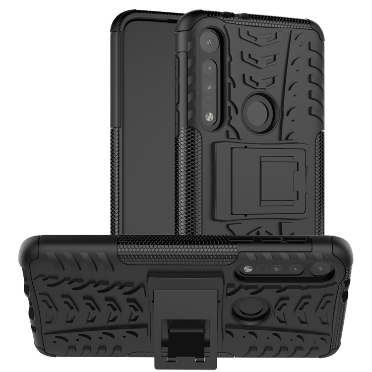 

For Motorola One Macro Tire Texture Shockproof TPU+PC Protective Case with Holder(Black)