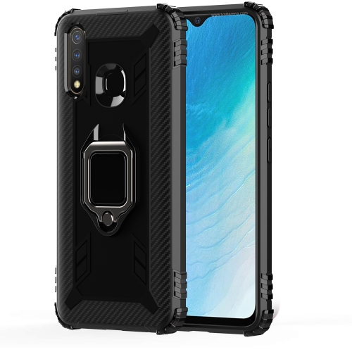 

For Vivo Y5S Carbon Fiber Protective Case with 360 Degree Rotating Ring Holder(Black)