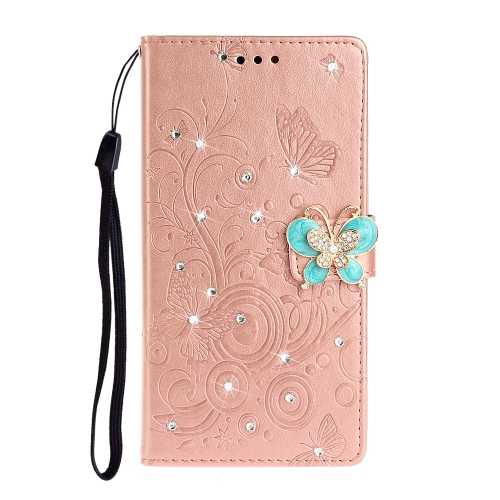 

For Nokia 7.2 Diamond Encrusted Butterflies Love Flowers Pattern Horizontal Flip Leather Case with Holder & Card Slots & Wallet & Lanyard(Rose Gold)