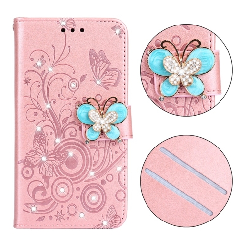 

For OPPO A5 Diamond Encrusted Butterflies Love Flowers Pattern Horizontal Flip Leather Case with Holder & Card Slots & Wallet & Lanyard(Rose Gold)