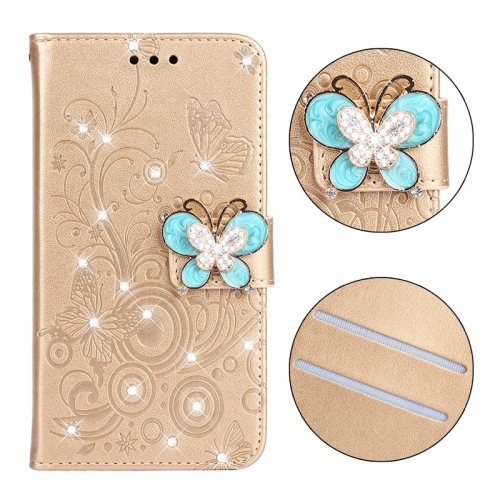 

For Galaxy A20S Diamond Encrusted Butterflies Love Flowers Pattern Horizontal Flip Leather Case with Holder & Card Slots & Wallet & Lanyard(Golden)