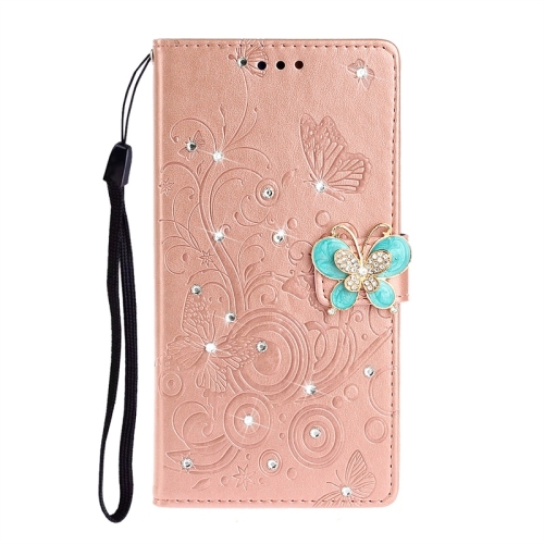 

For Galaxy A51 Diamond Encrusted Butterflies Love Flowers Pattern Horizontal Flip Leather Case with Holder & Card Slots & Wallet & Lanyard(Rose Gold)