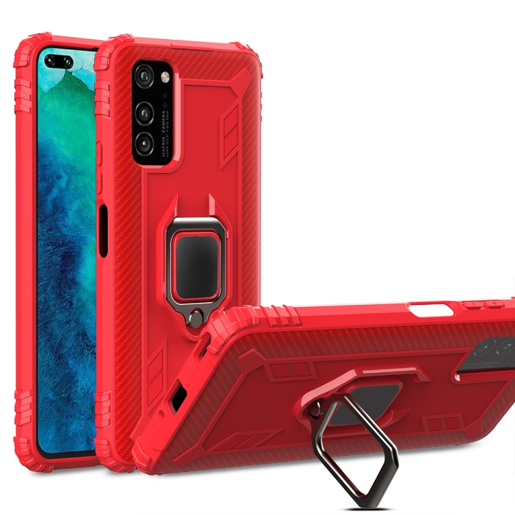 

For Huawei Honor V30 Carbon Fiber Protective Case with 360 Degree Rotating Ring Holder(Red)