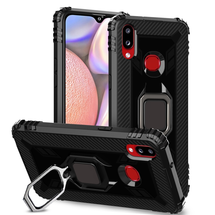 

For Galaxy A10s Carbon Fiber Protective Case with 360 Degree Rotating Ring Holder(Black)