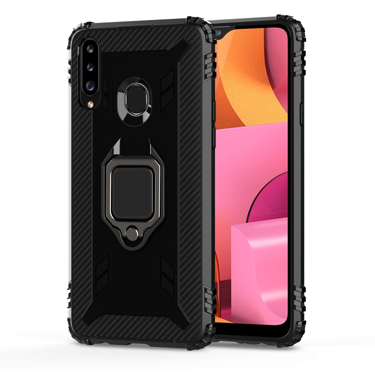 

For Galaxy A20s Carbon Fiber Protective Case with 360 Degree Rotating Ring Holder(Black)