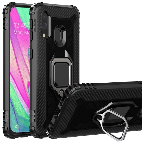 

For Galaxy A40 Carbon Fiber Protective Case with 360 Degree Rotating Ring Holder(Black)