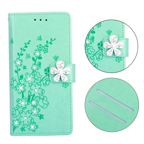 

For Galaxy A20e Plum Blossom Pattern Diamond Encrusted Leather Case with Holder & Card Slots & Wallet(Green)