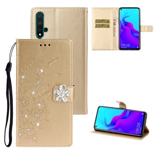 

For Huawei nova 5 Plum Blossom Pattern Diamond Encrusted Leather Case with Holder & Card Slots & Wallet(Gold)