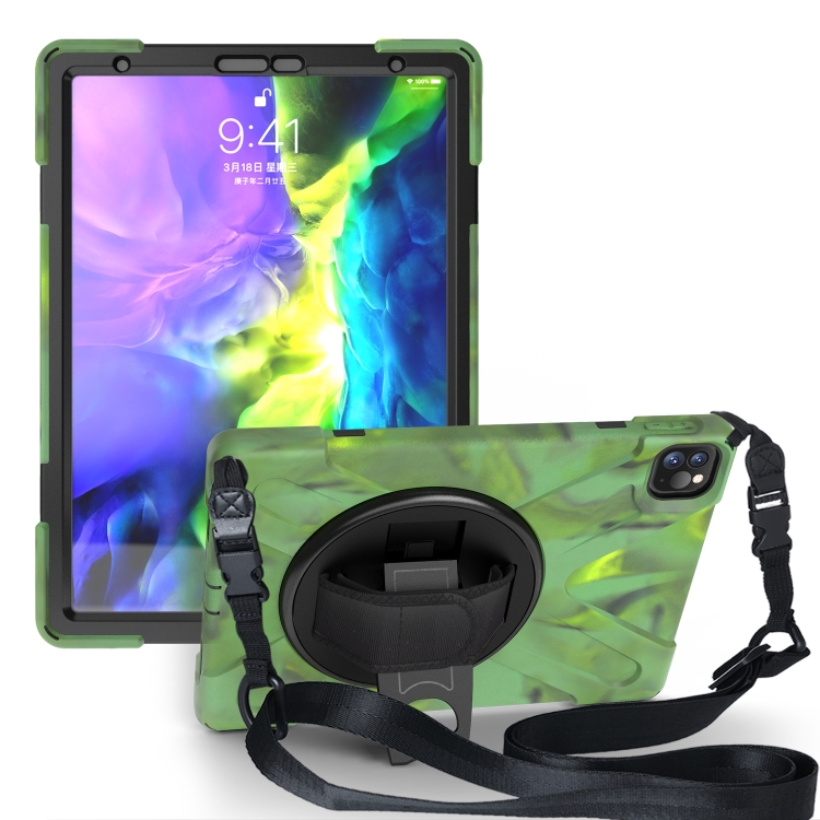 

For iPad Pro 11 (2020) 360 Degree Rotation Silicone Protective Cover with Holder & Hand Strap & Long Strap(Army Green)