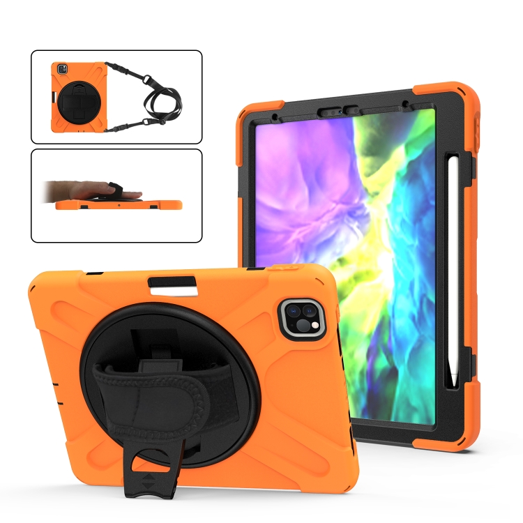 

For iPad Air 10.9 / Pro 11 2021 / 2020 / 2018 360 Degree Rotation Silicone Protective Cover with Holder & Hand Strap & Long Strap & Pencil Slot(Orange)