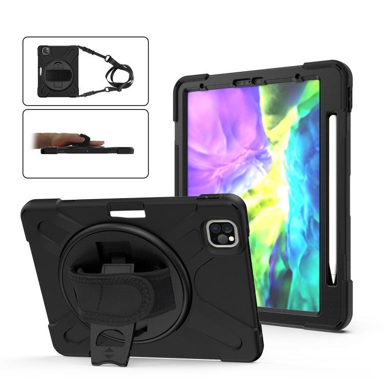 

For iPad Air 10.9 / Pro 11 2021 / 2020 / 2018 360 Degree Rotation Silicone Protective Cover with Holder & Hand Strap & Long Strap & Pencil Slot(Black)