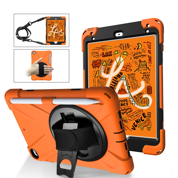 

For iPad Mini 5 360 Degree Rotation Silicone Protective Cover with Holder & Hand Strap & Long Strap & Pencil Slot(Orange)