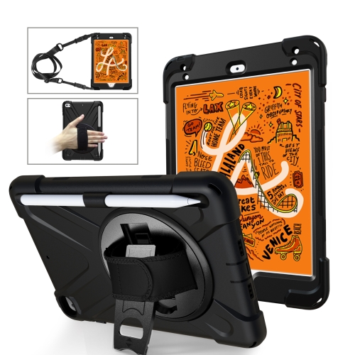 

For iPad Mini 5 360 Degree Rotation Silicone Protective Cover with Holder & Hand Strap & Long Strap & Pencil Slot(Black)