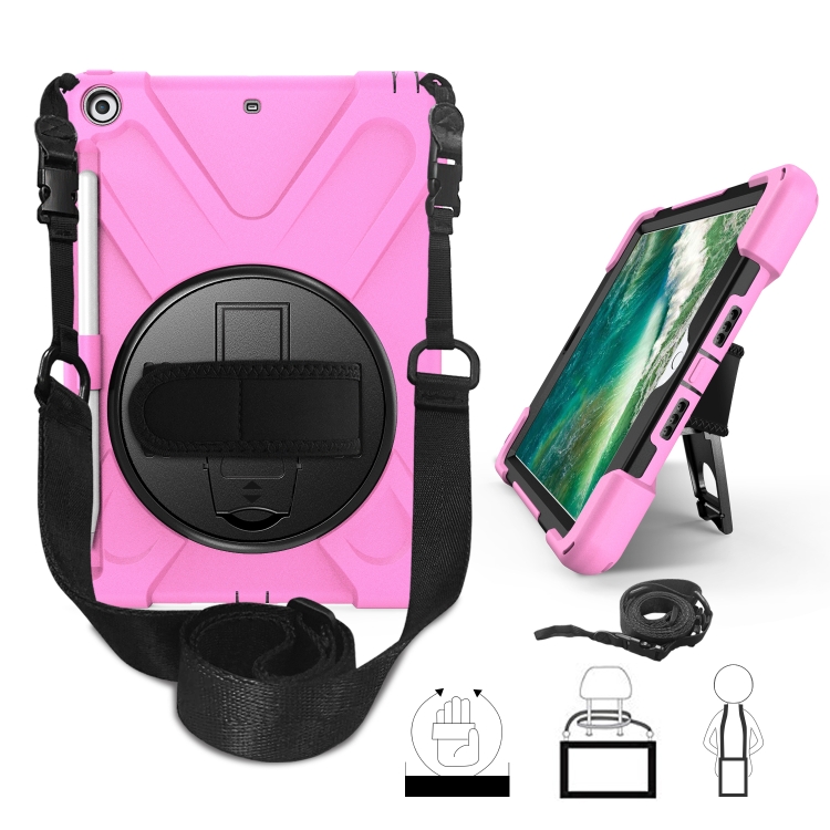 

For iPad 9.7 (2018) & (2017) 360 Degree Rotation Silicone Protective Cover with Holder & Hand Strap & Long Strap & Pencil Slot(Pink)