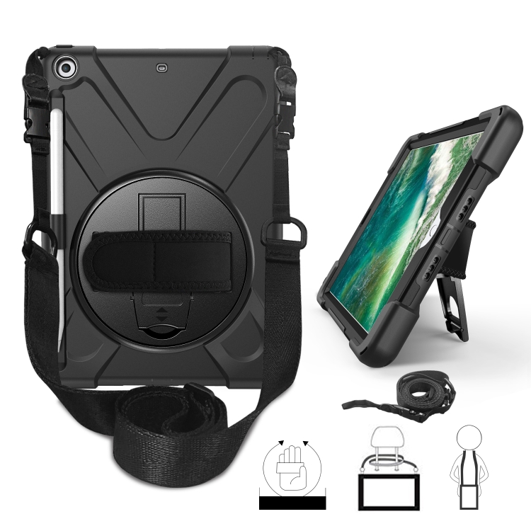 

For iPad 9.7 (2018) & (2017) 360 Degree Rotation Silicone Protective Cover with Holder & Hand Strap & Long Strap & Pencil Slot(Black)