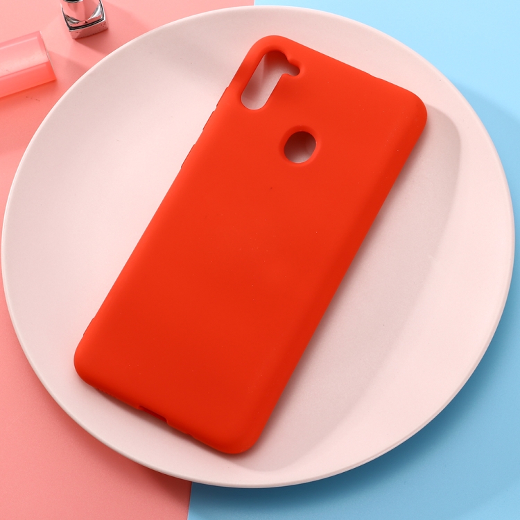 

For Galaxy A11 Solid Color Liquid Silicone Dropproof Full Coverage Protective Case(Red)