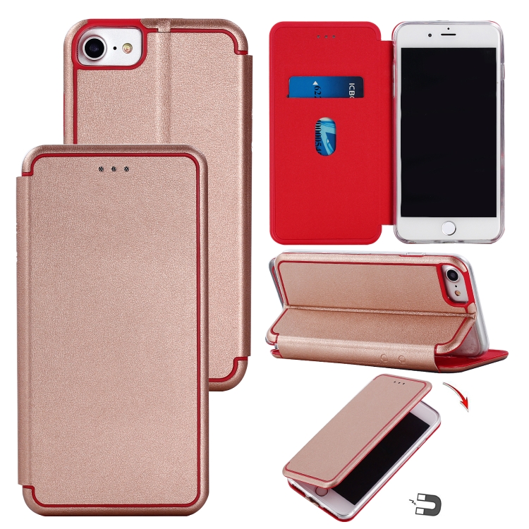 

For iPhone SE 2020 Ultra-thin Magnetic Fitted Leather Flip Case with Holder & Card Slot(Rose Glod)