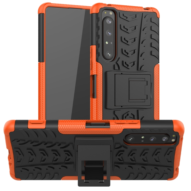 

For Sony Xperia 1 II Tire Texture Shockproof TPU+PC Protective Case with Holder(Orange)