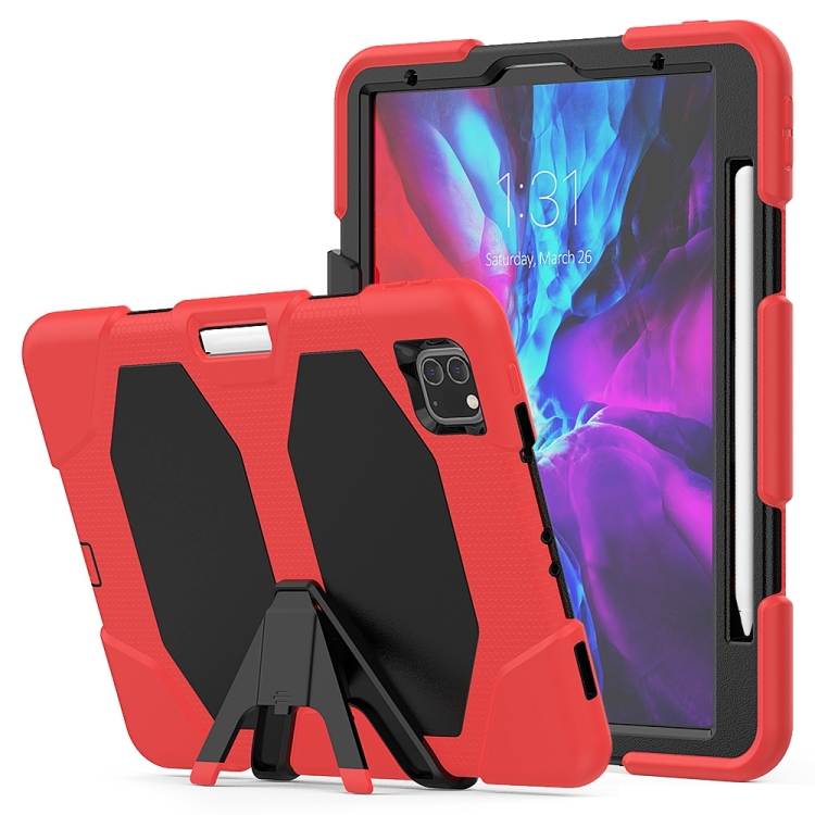 

For iPad Pro 11 inch (2020) Shockproof Colorful Silicon + PC Protective Case with Holder & Shoulder Strap & Hand Strap & Pen Slot(Red)