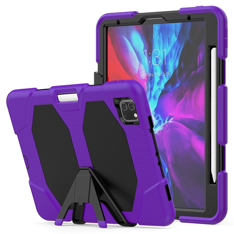 

For iPad Pro 11 inch (2020) Shockproof Colorful Silicon + PC Protective Case with Holder & Shoulder Strap & Hand Strap & Pen Slot(Purple)