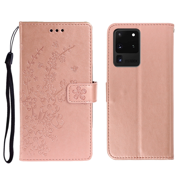 

For Galaxy S20 Ultra Plum Blossom Pattern Left and Right Flip Leather Case with Bracket & Card Slot & Wallet & Lanyard(Rose Gold)