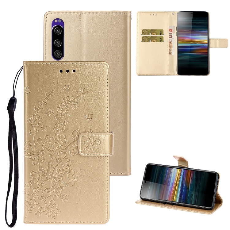 

For Sony Xperia XZ5 Plum Blossom Pattern Left and Right Flip Leather Case with Bracket & Card Slot & Wallet & Lanyard(Golden)