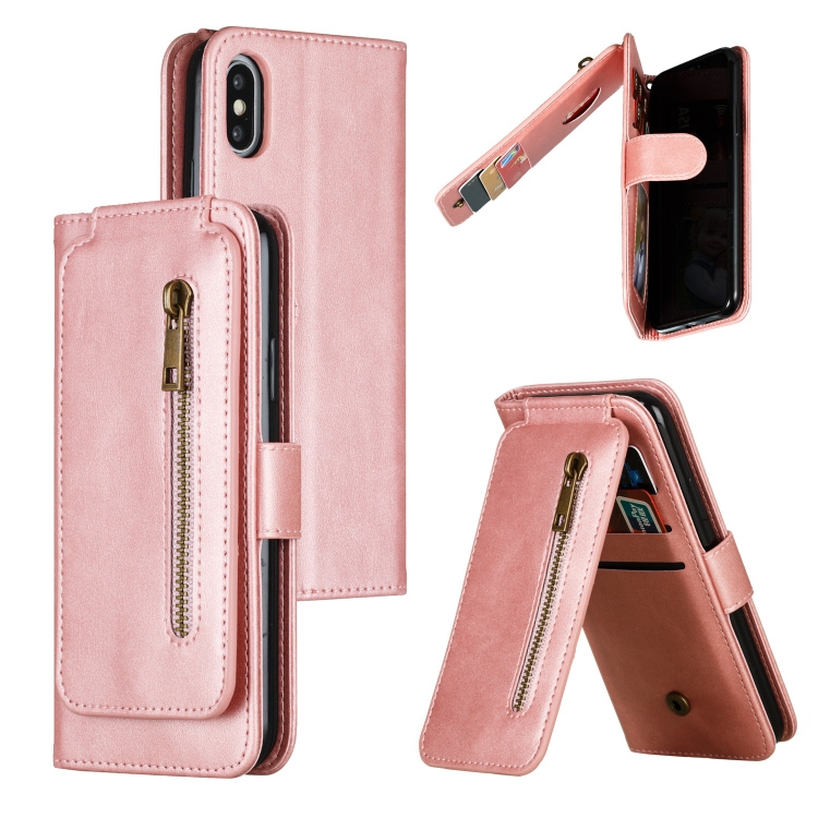 

For iPhone X / XS Nine Card Zipper Bag Horizontal Flip Leather Case With Holder & Card Slots & Frame(Rose Gold)