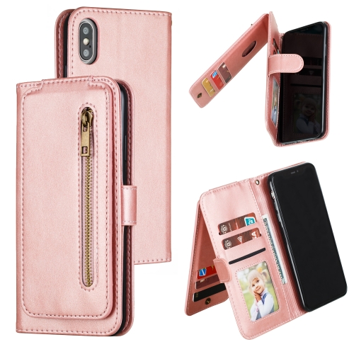 

For iPhone XS Max Nine Card Zipper Bag Horizontal Flip Leather Case With Holder & Card Slots & Frame(Rose Gold)