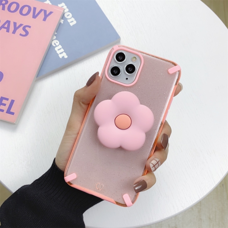 

For iPhone 11 Pro Glitter Powder Colorful Edge Shockproof Protective Case with Flower Holder(Pink)