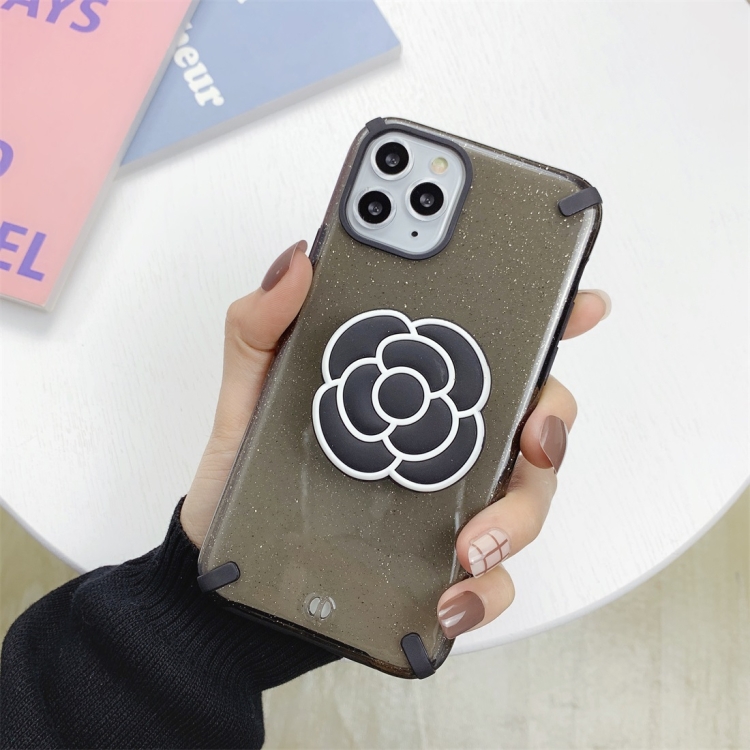 

For iPhone 11 Pro Glitter Powder Colorful Edge Shockproof Protective Case with Flower Holder(Black)