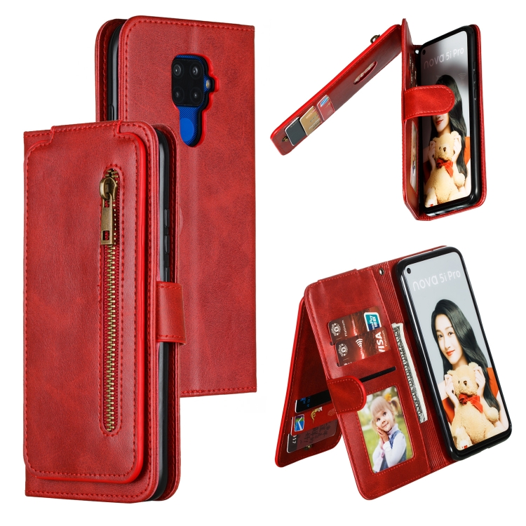 

For Huawei Mate 30 Lite Nine Card Zipper Bag Horizontal Flip Leather Case With Holder & Card Slots & Frame(Red)