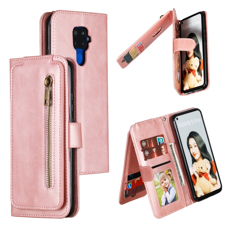 

For Huawei Mate 30 Lite Nine Card Zipper Bag Horizontal Flip Leather Case With Holder & Card Slots & Frame(Rose Gold)