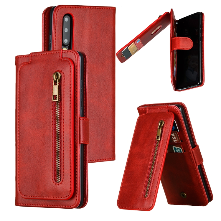 

For Huawei P30 Nine Card Zipper Bag Horizontal Flip Leather Case With Holder & Card Slots & Frame(Red)