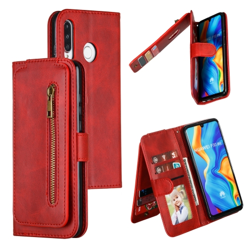 

For Huawei P30 Lite Nine Card Zipper Bag Horizontal Flip Leather Case With Holder & Card Slots & Frame(Red)