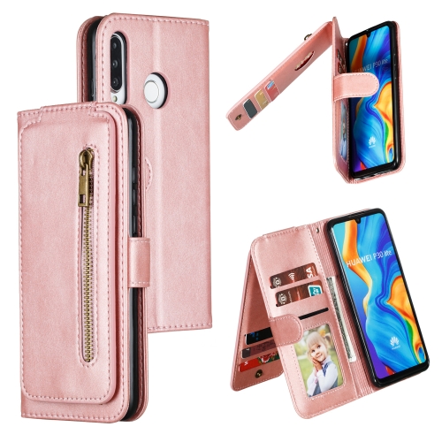 

For Huawei P30 Lite Nine Card Zipper Bag Horizontal Flip Leather Case With Holder & Card Slots & Frame(Rose Gold)