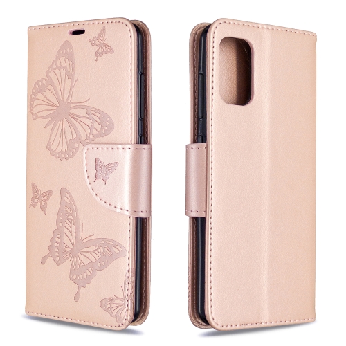 

For Galaxy A41 Two Butterflies Embossing Pattern Horizontal Flip Leather Case with Holder & Card Slot & Wallet & Lanyard(Rose Gold)