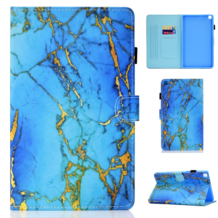 

For Galaxy Tab S6 Lite Sewing Thread Left and Right Flat Leather Case with Pen Cover & Card Slot & Buckle Anti-skid Strip and Bracket(Gold Plated Marble)