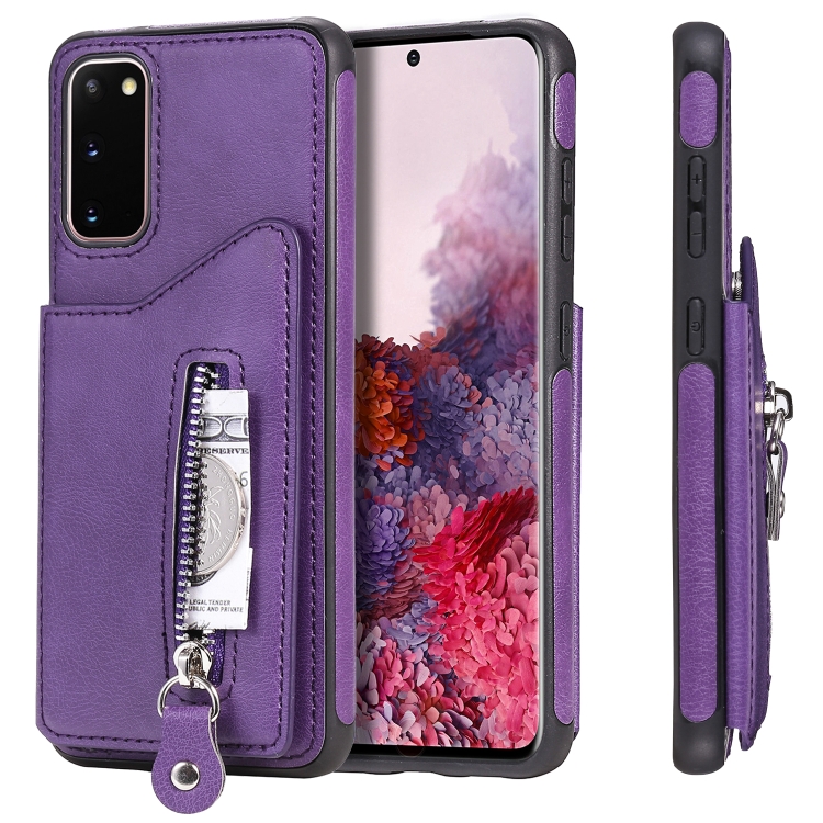 

For Galaxy S20 Solid Color Double Buckle Zipper Shockproof Protective Case(Purple)